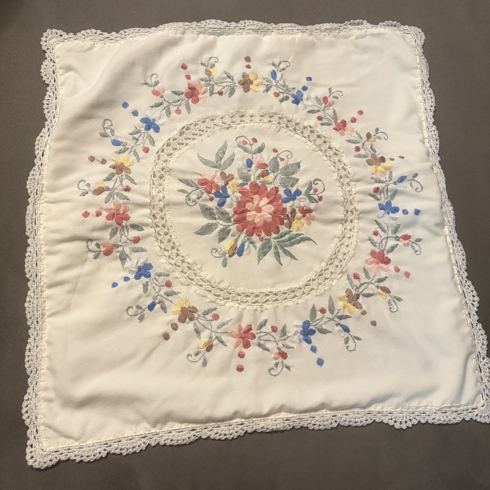 Vintage Pillow Case Handmade Embroidered Cottage Square Lace Accent Throw Zip
